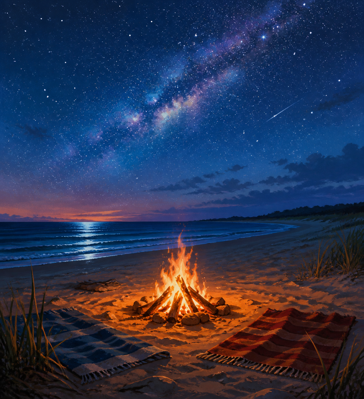 Diamond painting ontwerp met strandvuur onder de sterren