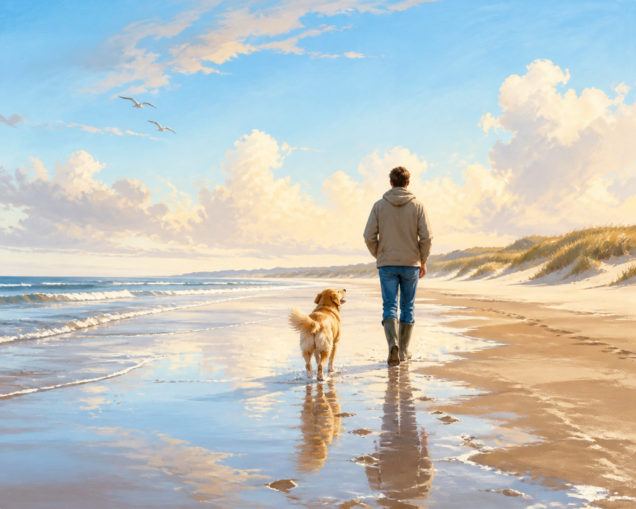 Diamond painting ontwerp met strandwandeling met hond