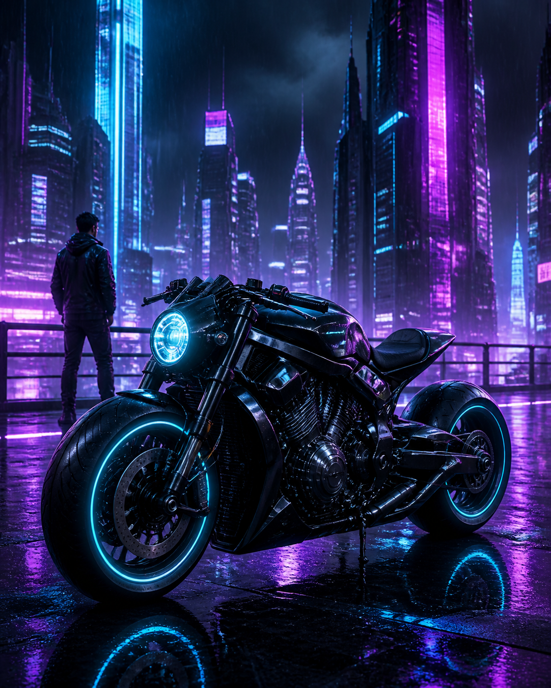 Diamond Painting Toekomstmotor in de Neonstad – een volledig origineel futuristisch tweewielig voertuig in een regenachtige neonstad