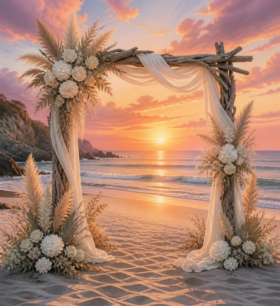 Diamond painting ontwerp met trouwboog op het strand