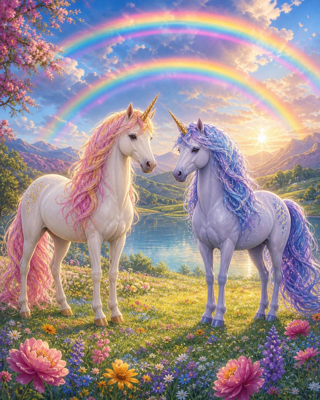 Diamond painting ontwerp met twee eenhoorns onder een dubbele regenboog