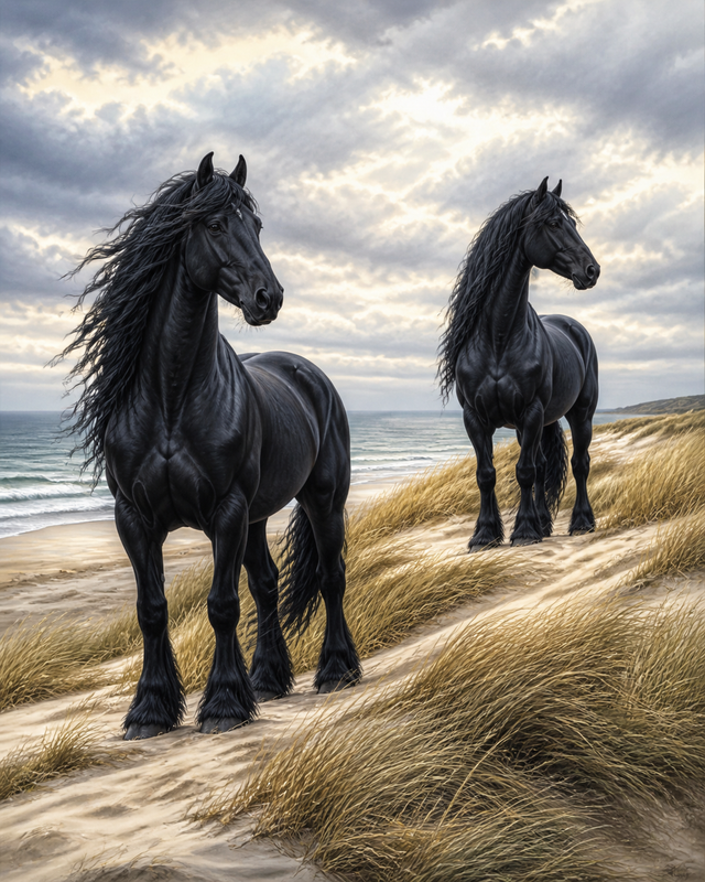 Diamond Painting Twee Friese Paarden in de Duinen – twee zwarte Friese paarden tussen lichte duingrassen