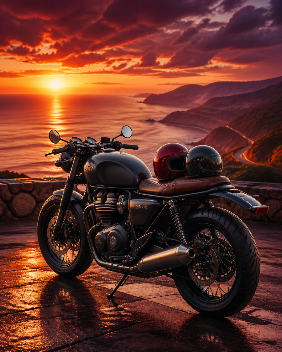 Diamond Painting Twee Helmen bij Zonsondergang – een merkloze motor met twee helmen op het zadel en een warme zonsondergang op de achtergrond