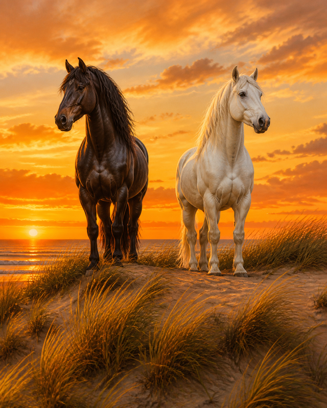 Diamond Painting Twee Paarden bij Zonsondergang – twee paarden op een duin bij zonsondergang