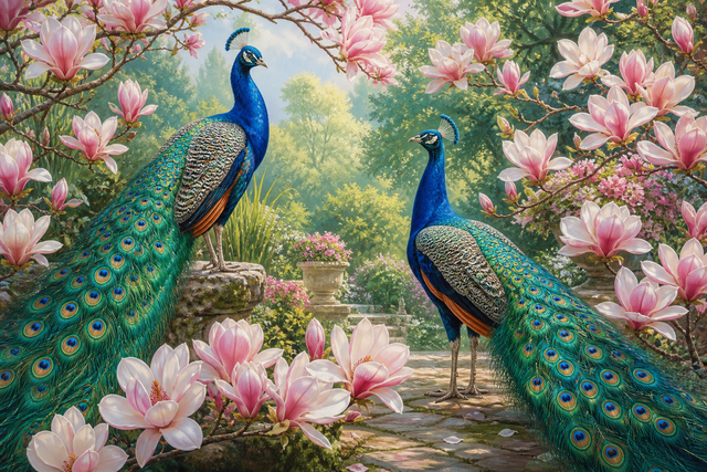 Diamond Painting Twee Pauwen tussen Magnolia’s – twee pauwen tussen witte en roze magnolia’s