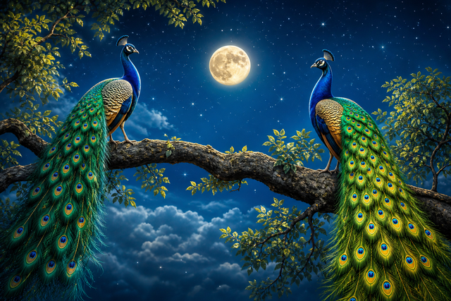 Diamond Painting Twee Pauwen onder de Sterren – twee pauwen op een tak onder een sterrenlucht