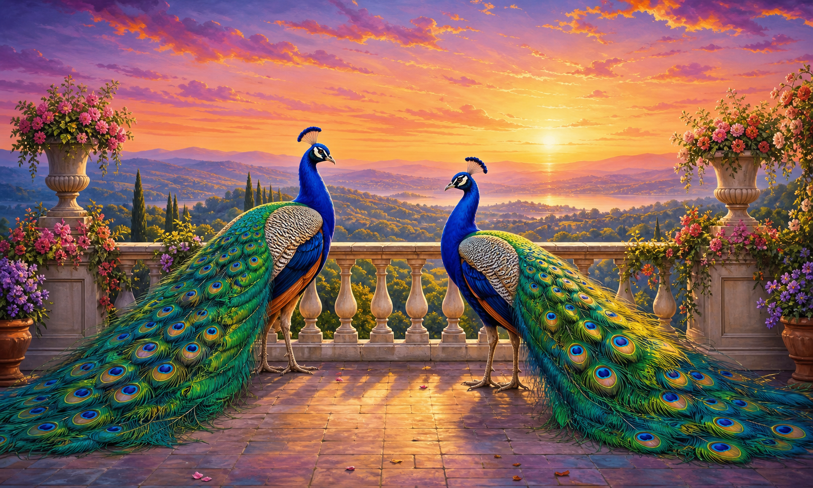 Diamond Painting Twee Pauwen bij Zonsondergang 5 Luik – twee pauwen in een breed zonsondergangontwerp voor een 5-luik