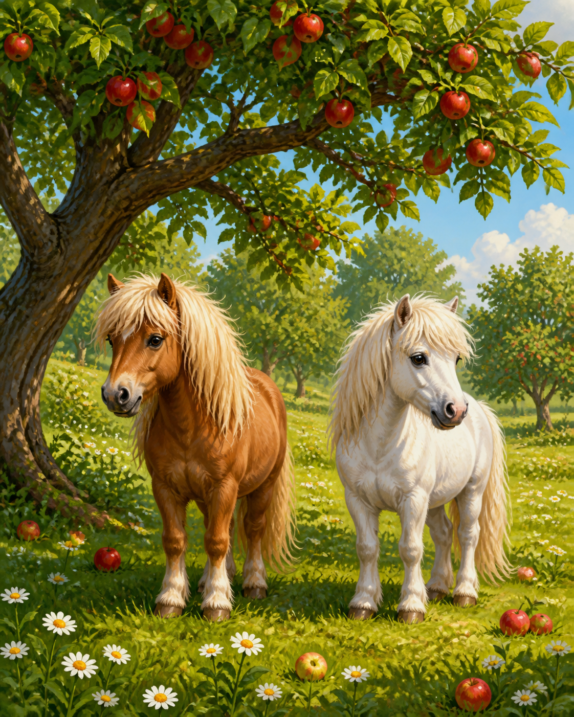 Diamond Painting Twee Pony’s onder de Appelboom – twee kleine pony’s onder een appelboom