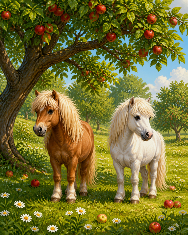 Diamond Painting Twee Pony’s onder de Appelboom – twee kleine pony’s onder een appelboom