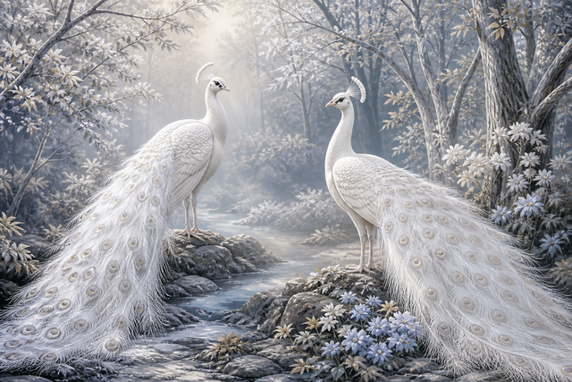 Diamond Painting Twee Witte Pauwen in de Mist – twee witte pauwen in een lichte bosnevel