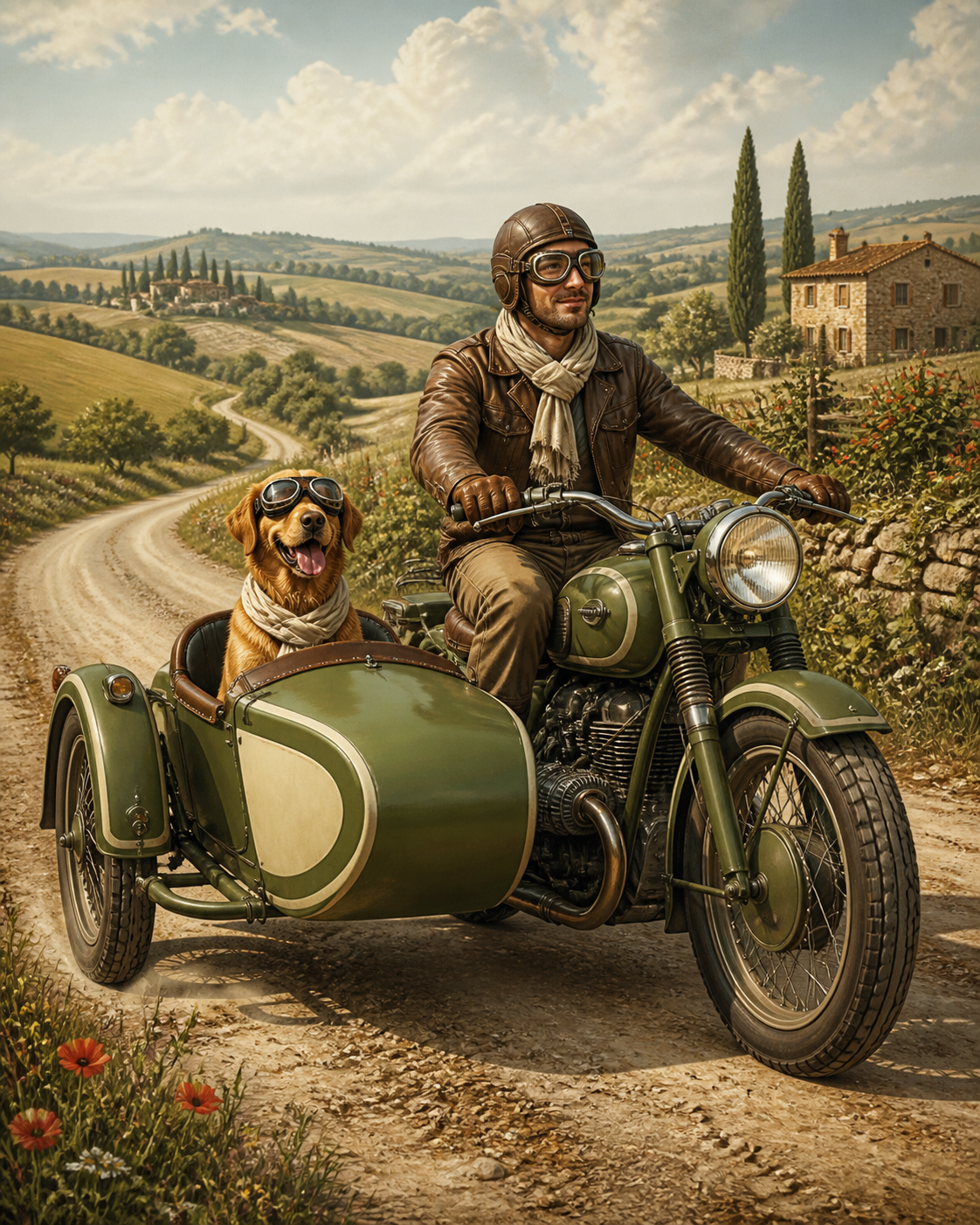 Diamond Painting Vintage Zijspan met Hond – een vintage merkloze motor met zijspan waarin een vriendelijke hond met motorbril zit