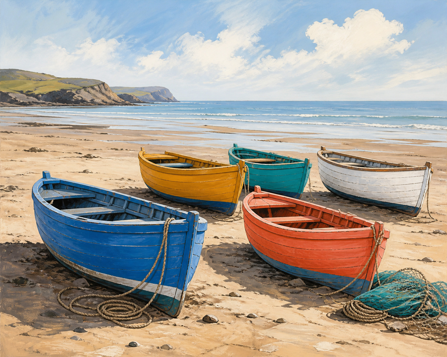 Diamond painting ontwerp met vissersbootjes op het strand