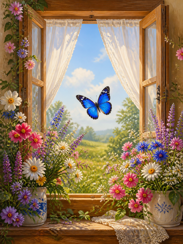 Diamond painting ontwerp met vlinder bij het bloemenraam