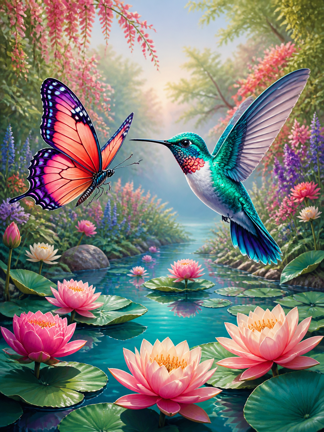 Diamond painting ontwerp met vlinder en kolibrie bij de waterlelies