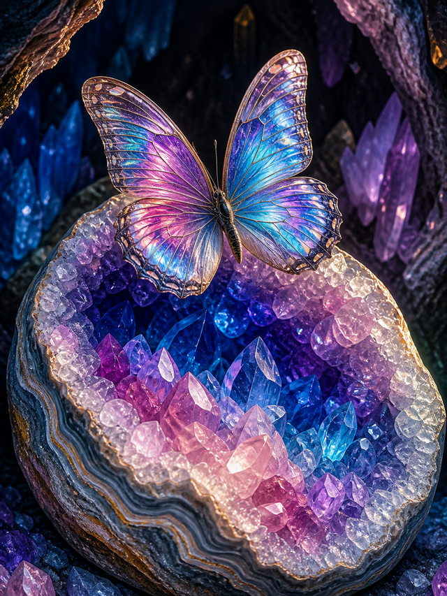Diamond painting ontwerp met vlinder op een kristalgeode