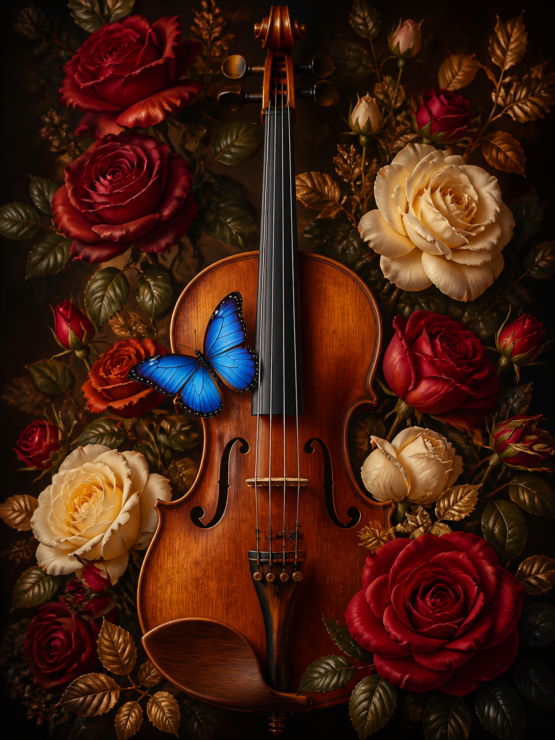 Diamond painting ontwerp met vlinder op een viool met rozen