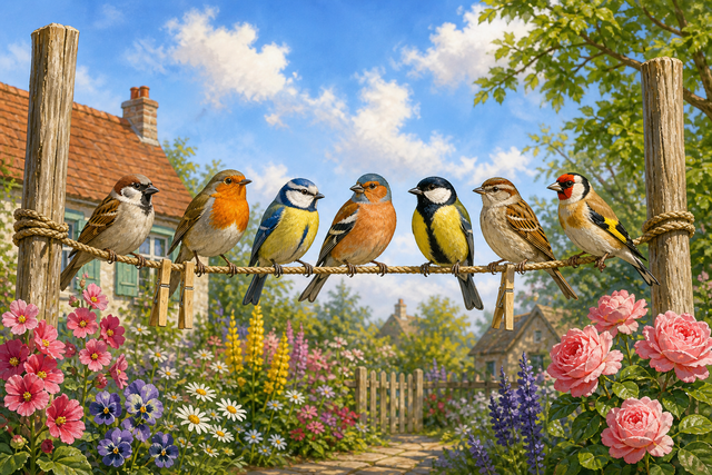 Diamond painting van zeven kleurrijke tuinvogels op een waslijn in een bloeiende tuin