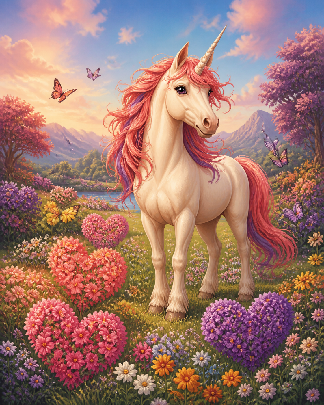 Diamond painting ontwerp met vrolijke eenhoorn tussen hartbloemen