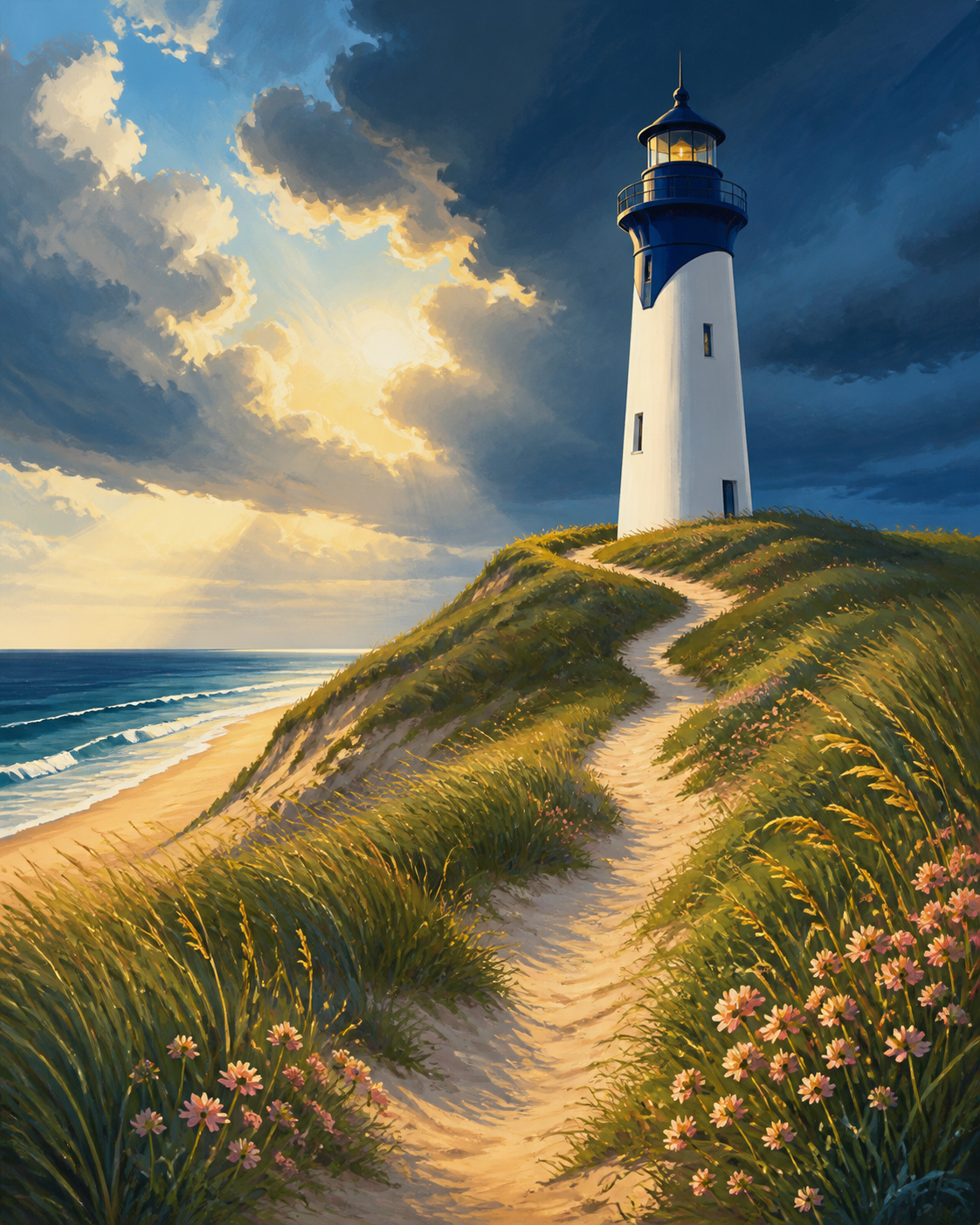 Diamond painting ontwerp met vuurtoren tussen de duinen