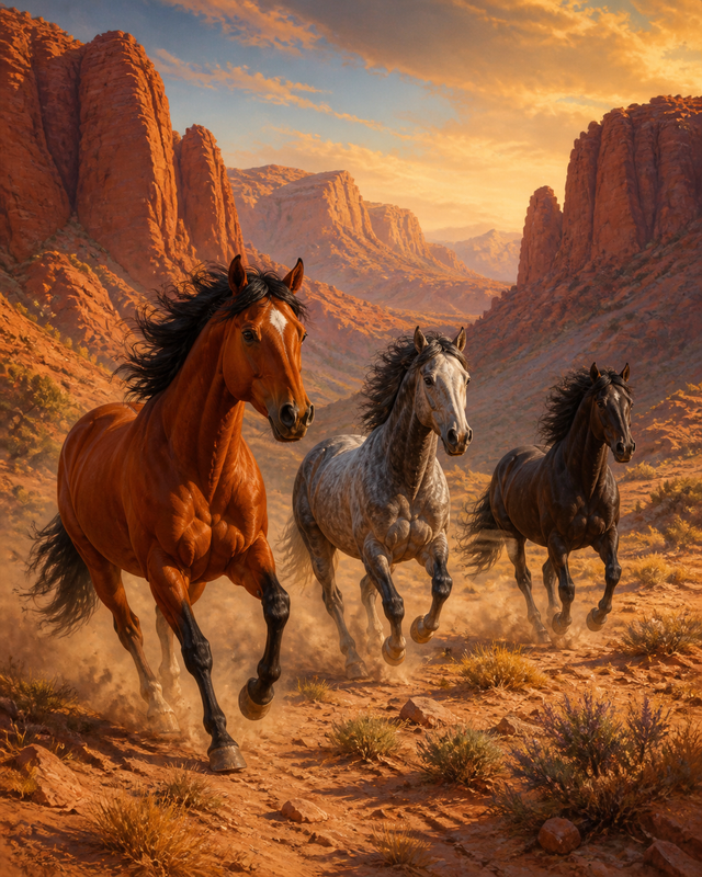 Diamond Painting Wilde Paarden in de Kloof – drie wilde paarden die door een rotsachtige kloof rennen