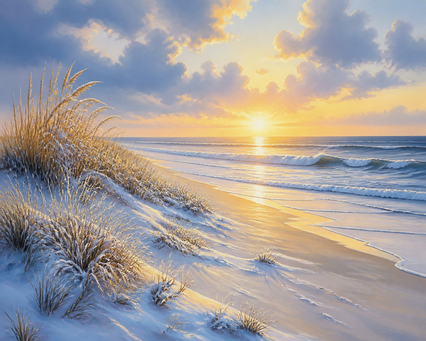Diamond painting ontwerp met winterlicht op het strand