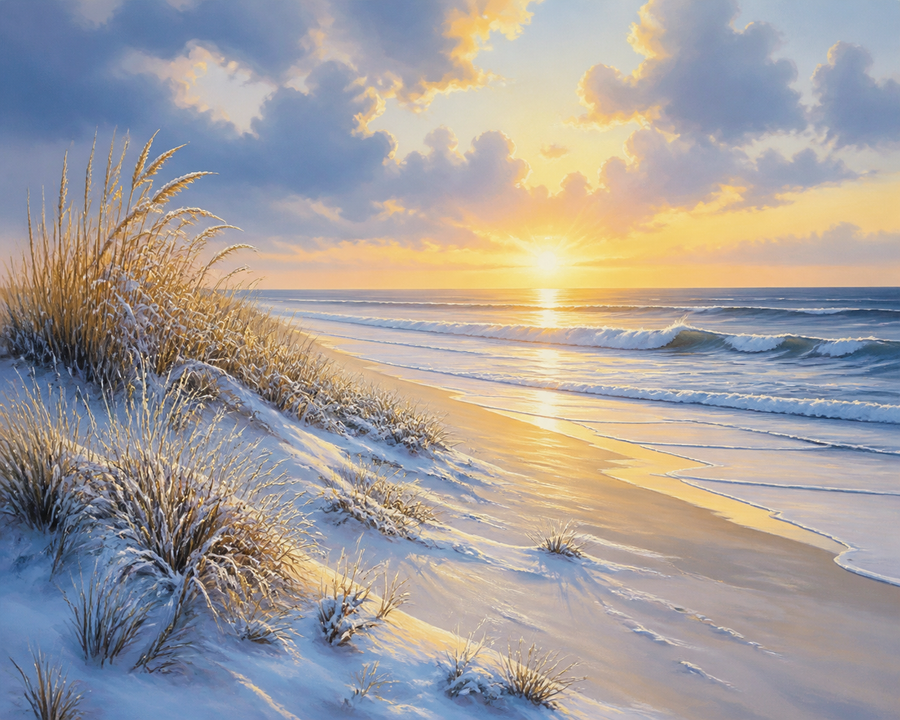 Diamond painting ontwerp met winterlicht op het strand
