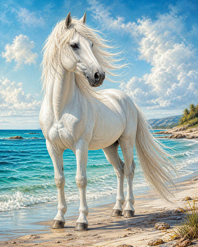 Diamond Painting Wit Paard aan Zee – een wit paard aan de rand van een turquoise zee
