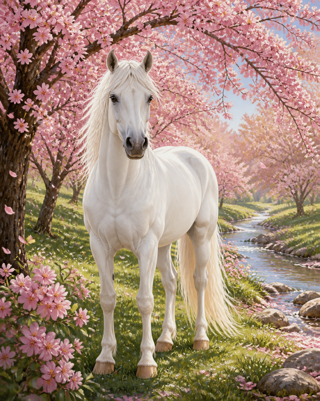 Diamond Painting Wit Paard onder Kersenbloesem – een wit paard onder roze kersenbloesem