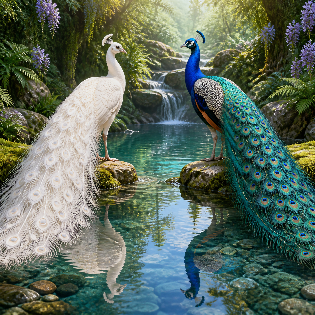 Diamond Painting Witte en Blauwe Pauwen bij Water – een witte en blauwe pauw bij helder water