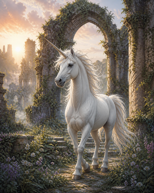Diamond painting ontwerp met witte eenhoorn tussen oude ruïnes