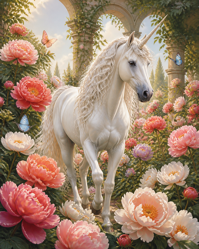 Diamond painting ontwerp met witte eenhoorn tussen pioenrozen