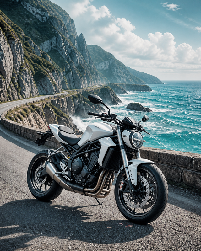 Diamond Painting Witte Motor langs de Kliffen – een elegante witte merkloze motor op een kustweg langs hoge kliffen en schuimende zee