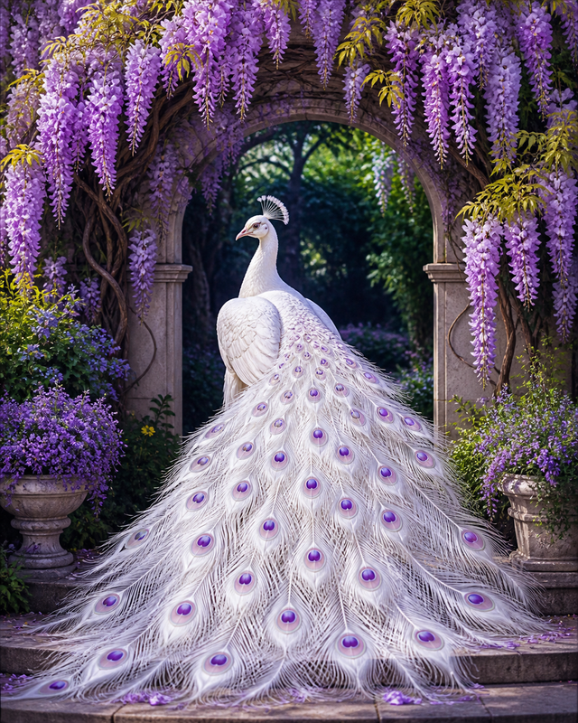 Diamond Painting Witte Pauw onder Blauweregen – een witte pauw onder paarse blauweregen