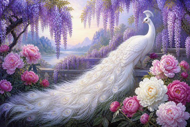 Diamond Painting Witte Pauw in de Bloementuin 3 Luik – een witte pauw in een brede bloementuin voor een 3-luik