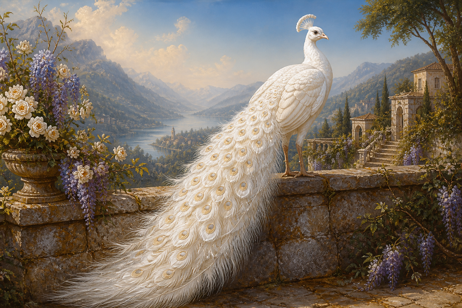 Diamond Painting Witte Pauw op de Kasteelmuren – een witte pauw op een verweerde stenen tuinmuur