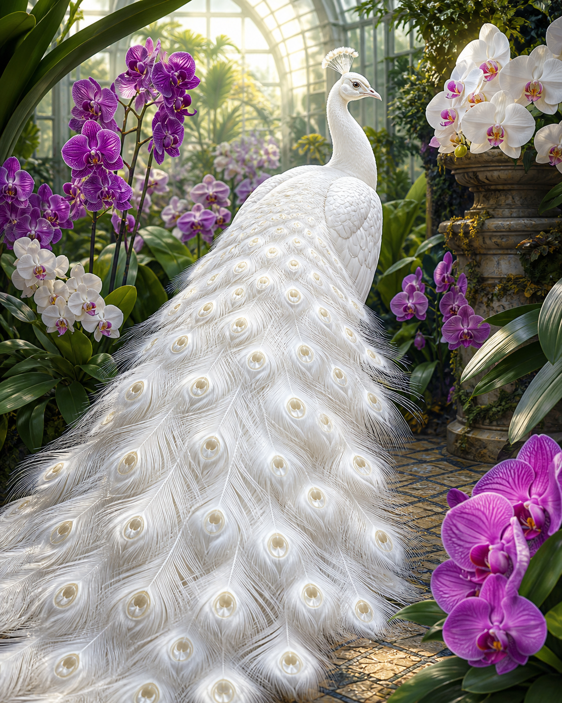Diamond Painting Witte Pauw in de Orchideeëntuin – een witte pauw tussen orchideeën en grote bladeren