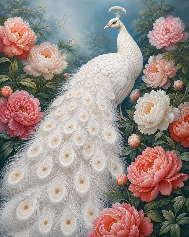 Diamond Painting Witte Pauw met Pioenrozen – een witte pauw tussen volle pioenrozen