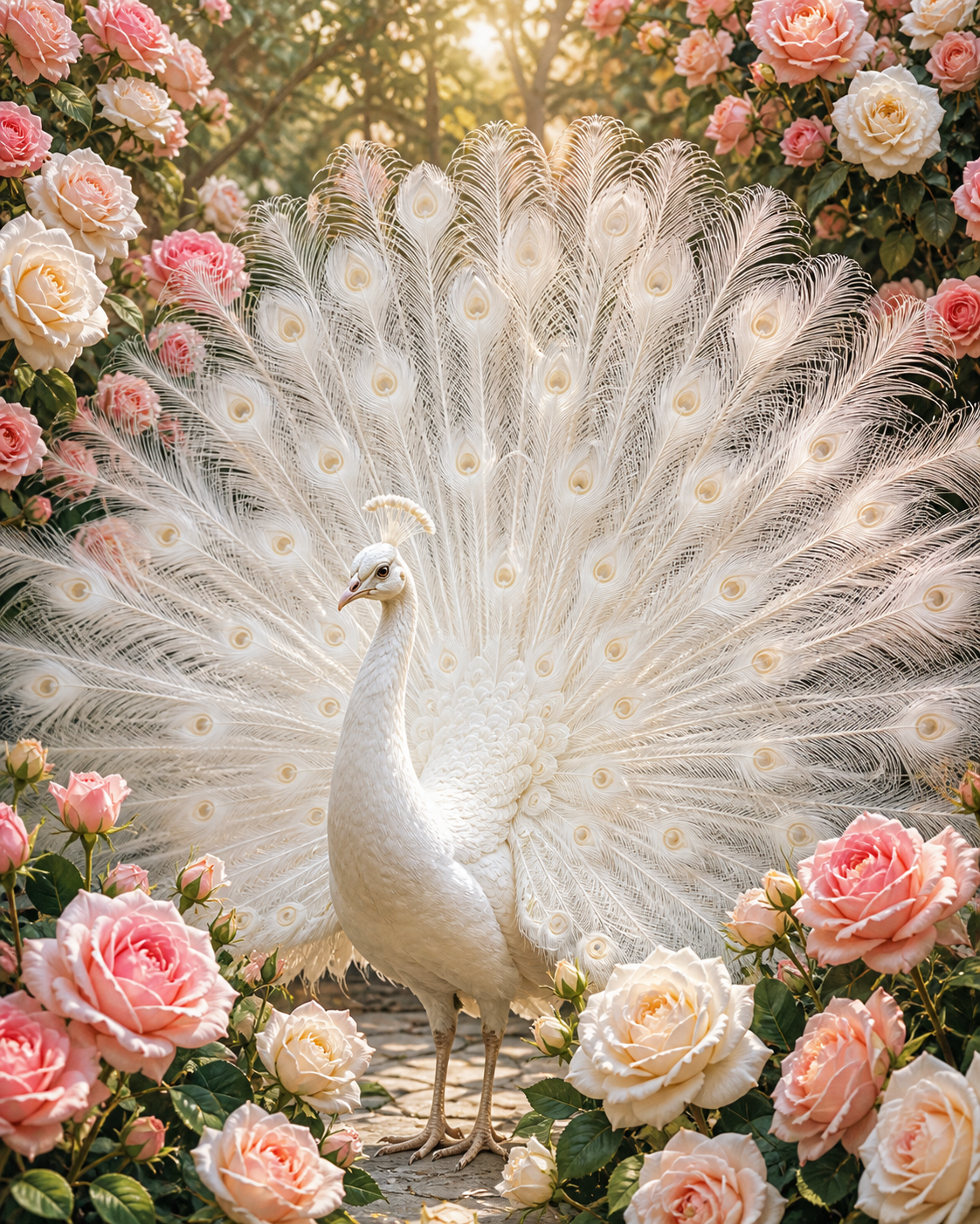 Diamond Painting Witte Pauw in de Rozentuin – een witte pauw tussen roze en crèmekleurige rozen