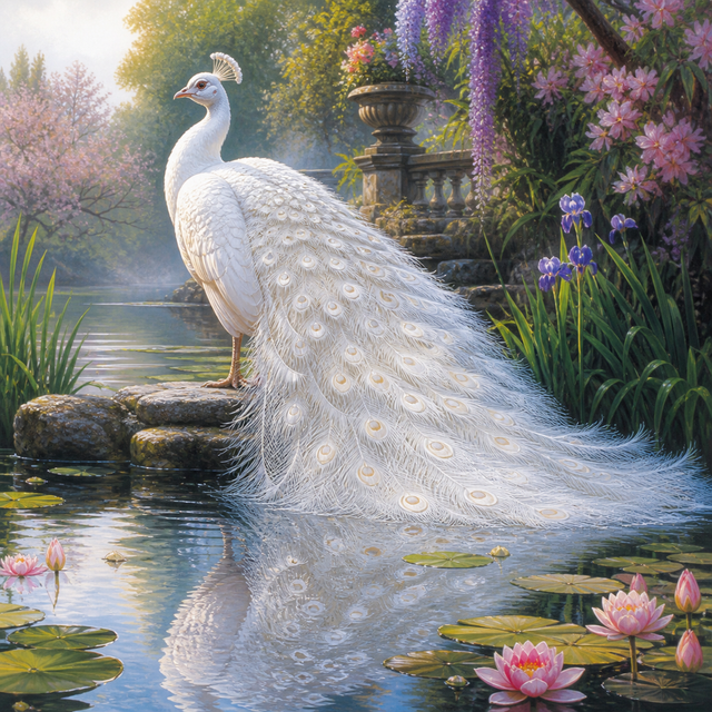 Diamond Painting Witte Pauw bij de Vijver – een witte pauw met weerspiegeling bij een vijver