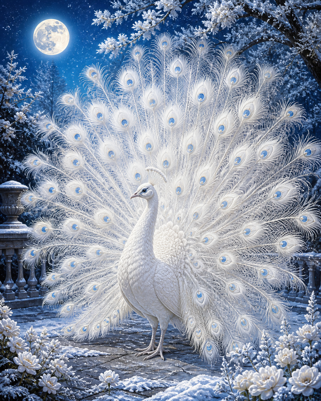 Diamond Painting Witte Pauw in Wintermaanlicht – een witte pauw in zilverblauw wintermaanlicht
