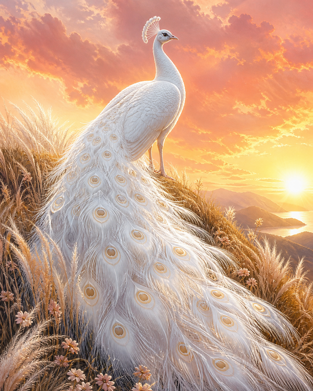 Diamond Painting Witte Pauw bij Zonsopkomst – een witte pauw in warm licht bij zonsopkomst