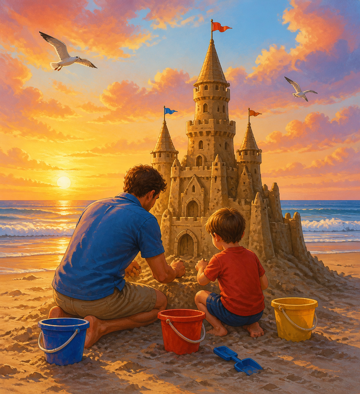 Diamond painting ontwerp met zandkasteel aan zee