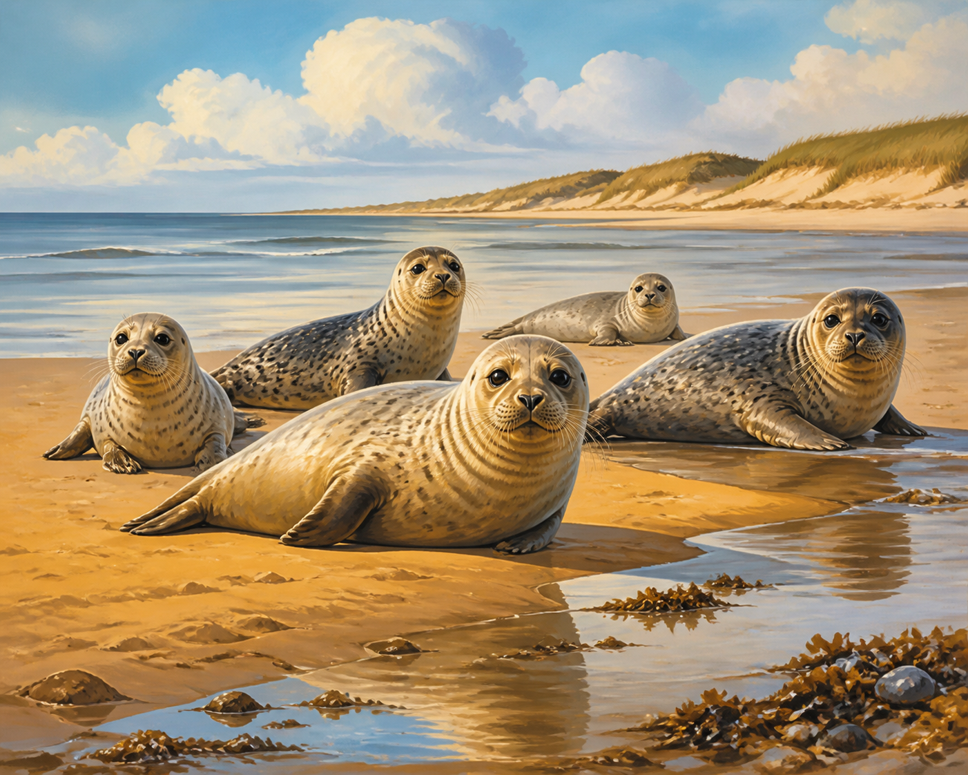 Diamond painting ontwerp met zeehonden op de zandbank