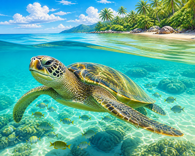 Diamond painting ontwerp met zeeschildpad bij het strand