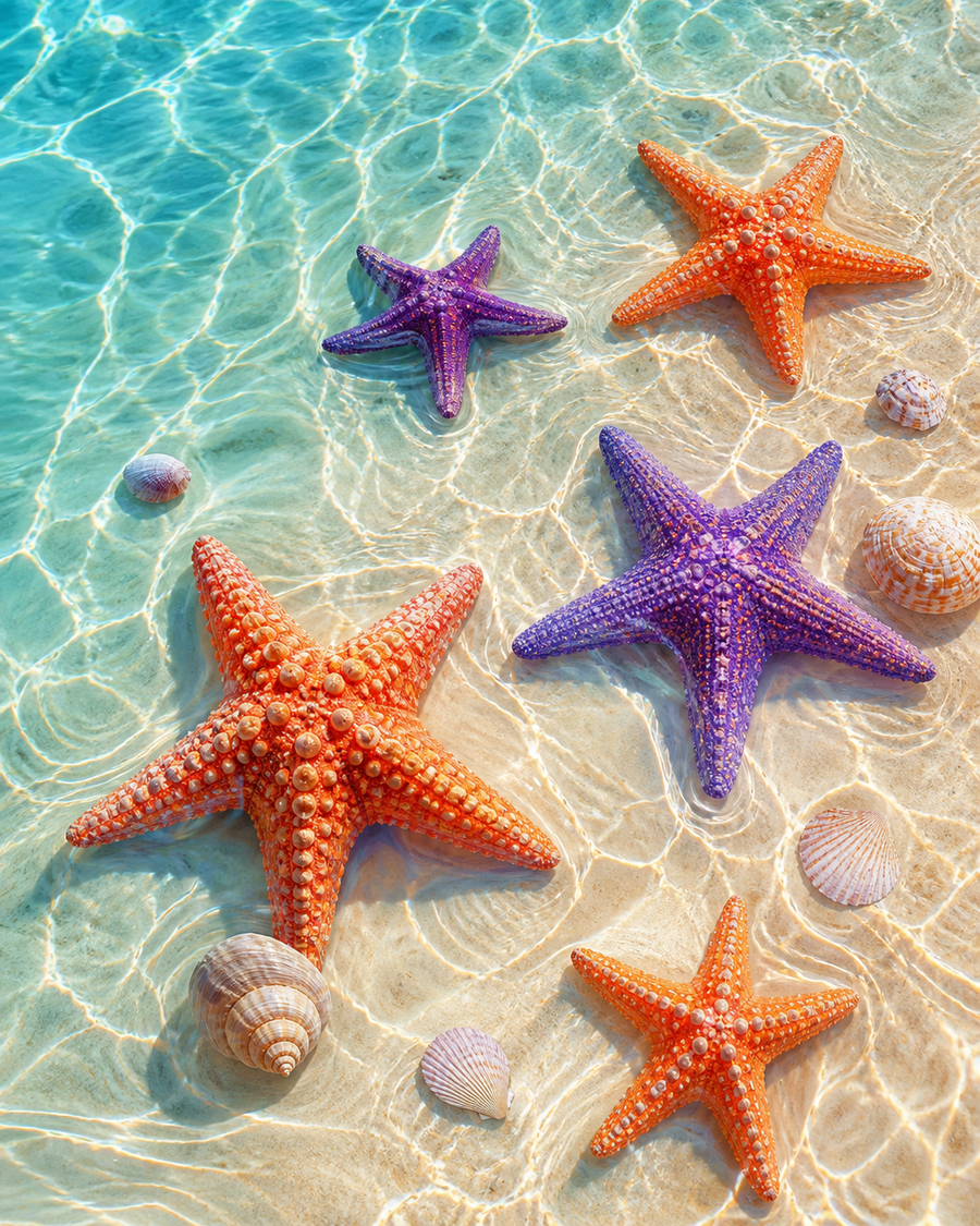 Diamond painting ontwerp met zeesterren in ondiep water