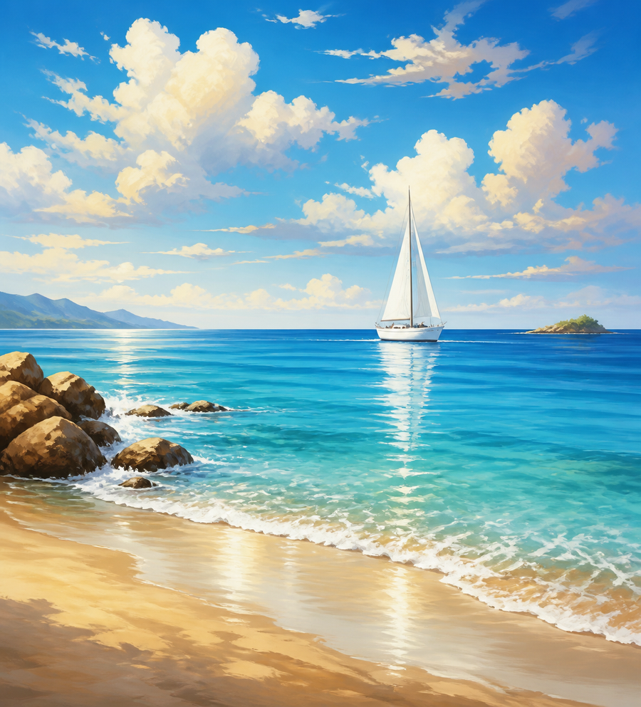 Diamond painting ontwerp met zeilboot aan de horizon
