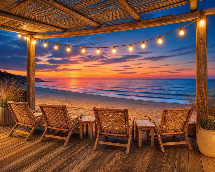 Diamond painting ontwerp met zomeravond bij het strandpaviljoen