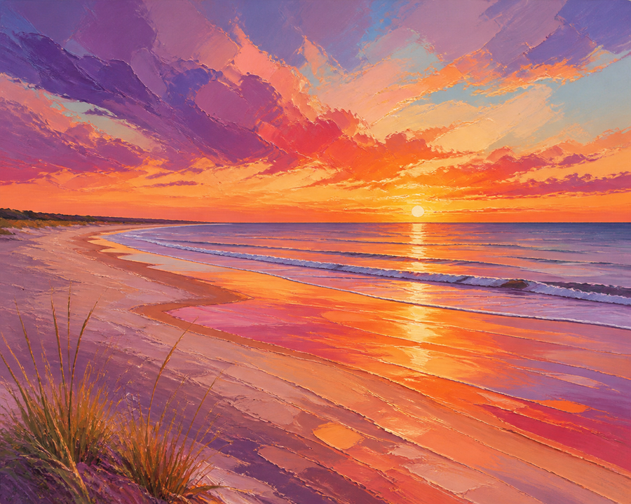 Diamond painting ontwerp met zonsondergang boven strand en zee