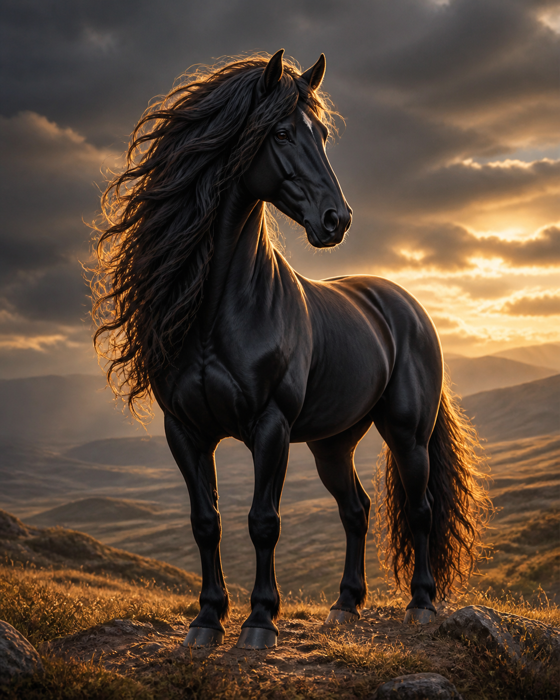 Diamond Painting Zwart Paard in Gouden Licht – een zwart paardenportret met warm gouden tegenlicht