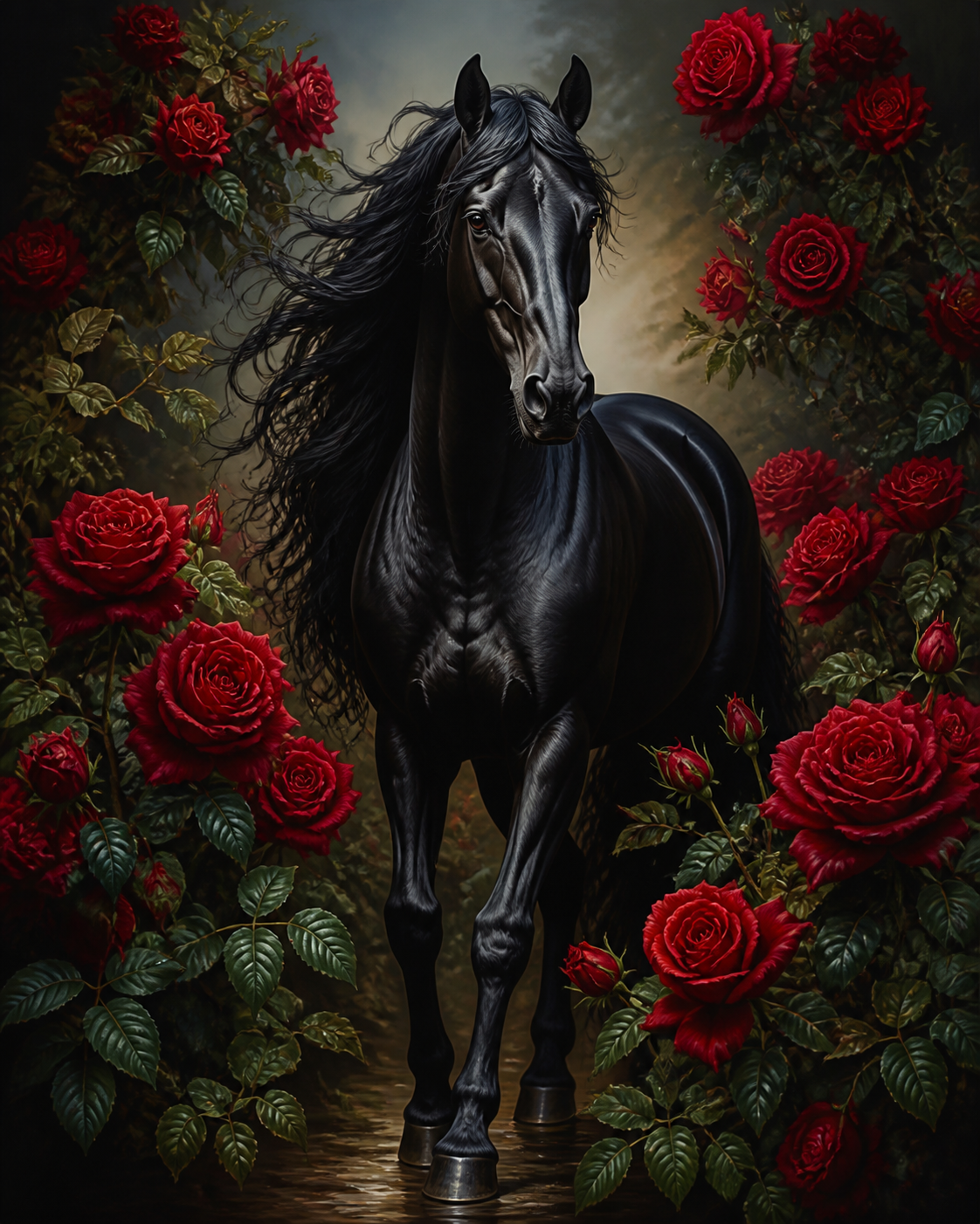 Diamond Painting Zwart Paard met Rode Rozen – een zwart paardenportret tussen dieprode rozen